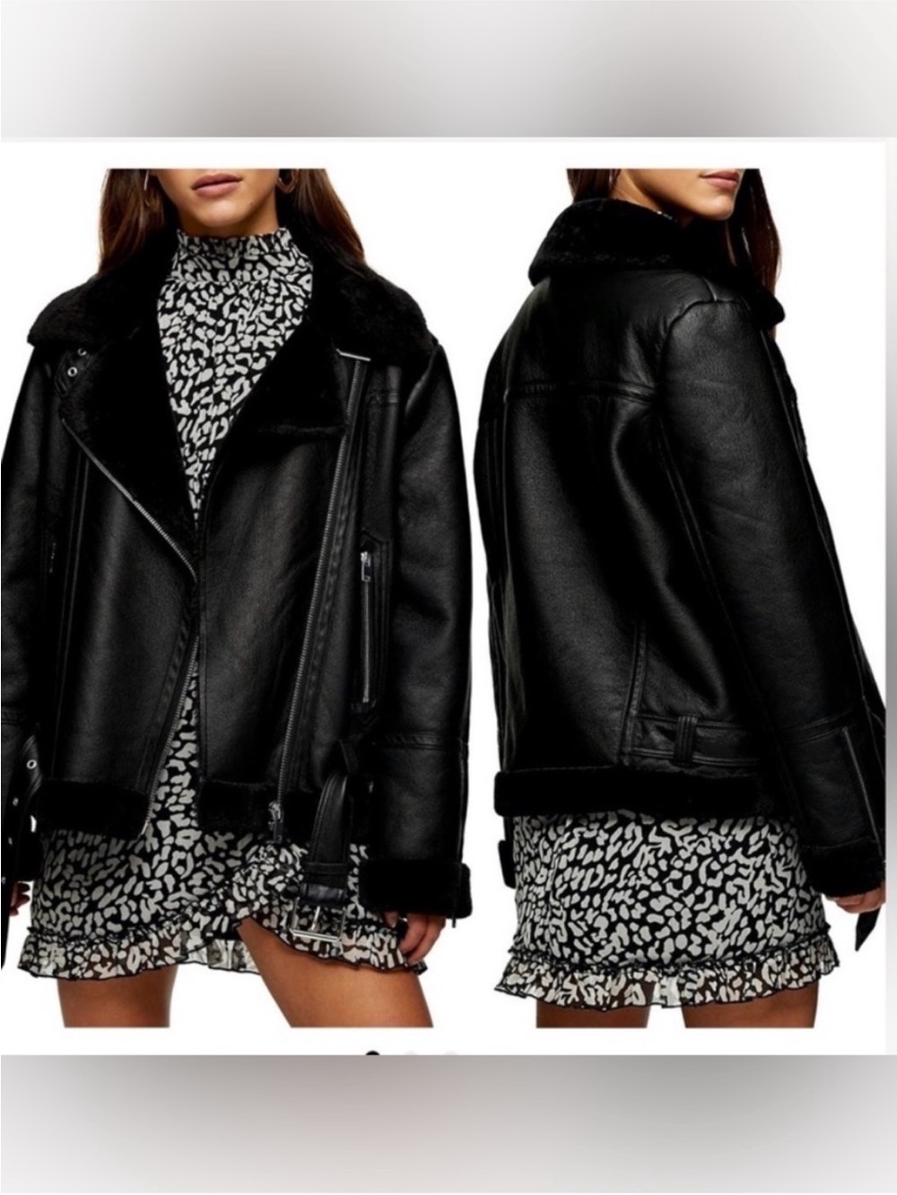 Topshop Black Faux Leather Aviator Jacket with Shearling Collar